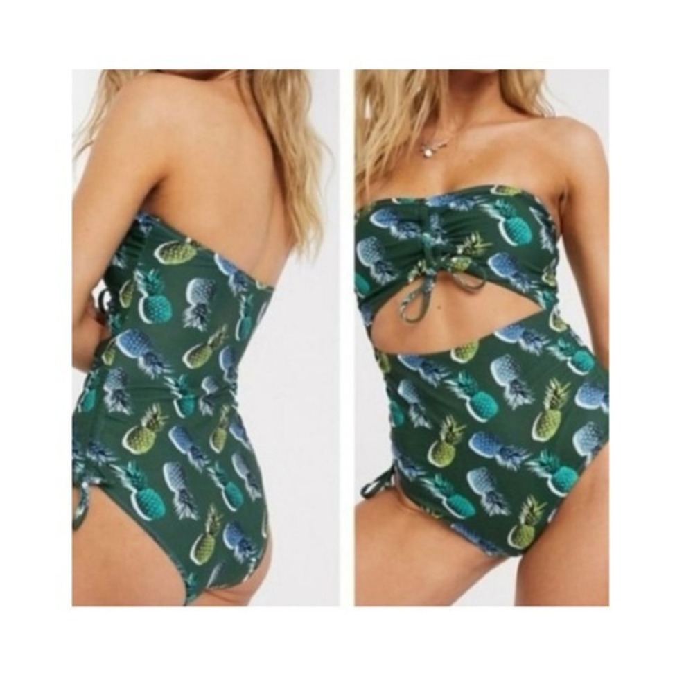 AERIE One Piece Full Coverage Ruched Cut‎ Out Pineapple Swimsuit Large Long